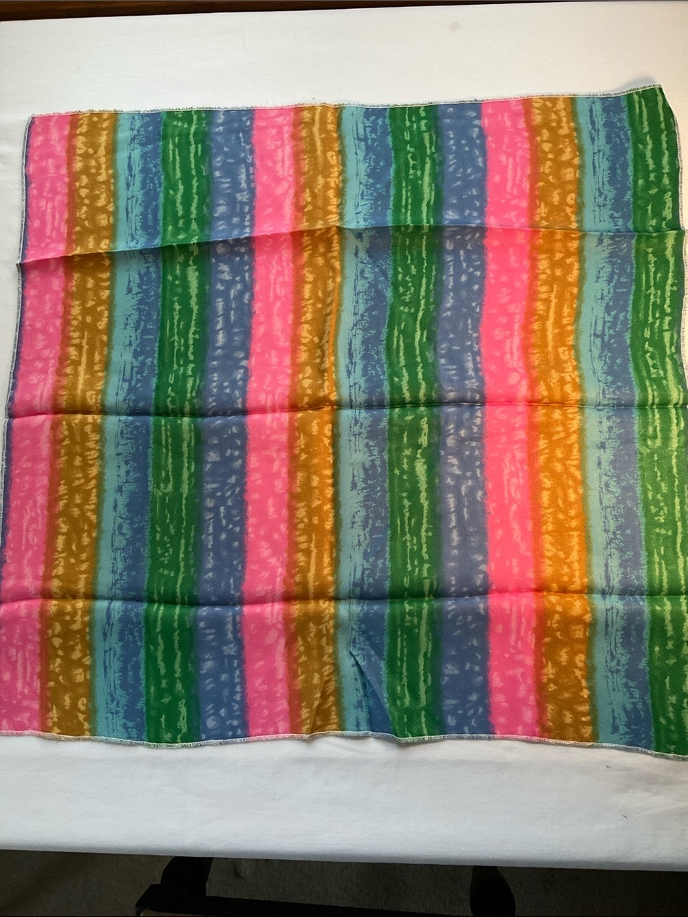 VTG 60 70 Vibe Mod Rainbow Striped Scarf Bright Aqua Pink 20” Square